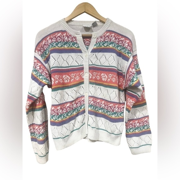 Vintage Chris Evert Size Large Cardigan Sweater Pink and White Button Down - Picture 1 of 4